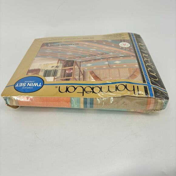 Vintage Thomaston Twin Size Sheet Set Ivory Diamond Stripe No Iron 3 Piece NOS - Picture 8 of 9